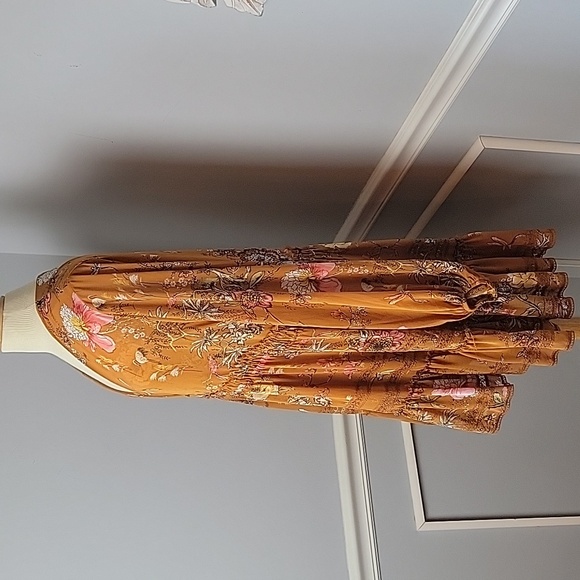 FREE PEOPLE Cherry Blossom Long Sleeve Plunge Neck Hi Low Hem Cottage Dress M - Picture 3 of 9